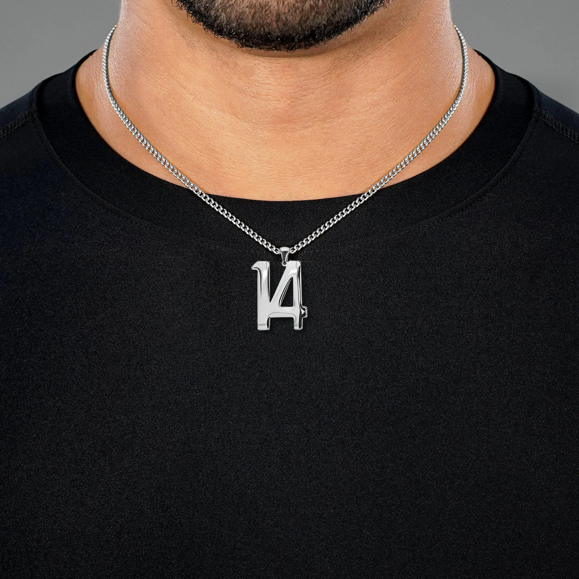 14 Number Pendant with Chain Necklace - Stainless Steel