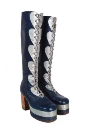 1970's Blue & Silver Leather Novelty Hearts Knee-High Platform Glam-Rock Boots