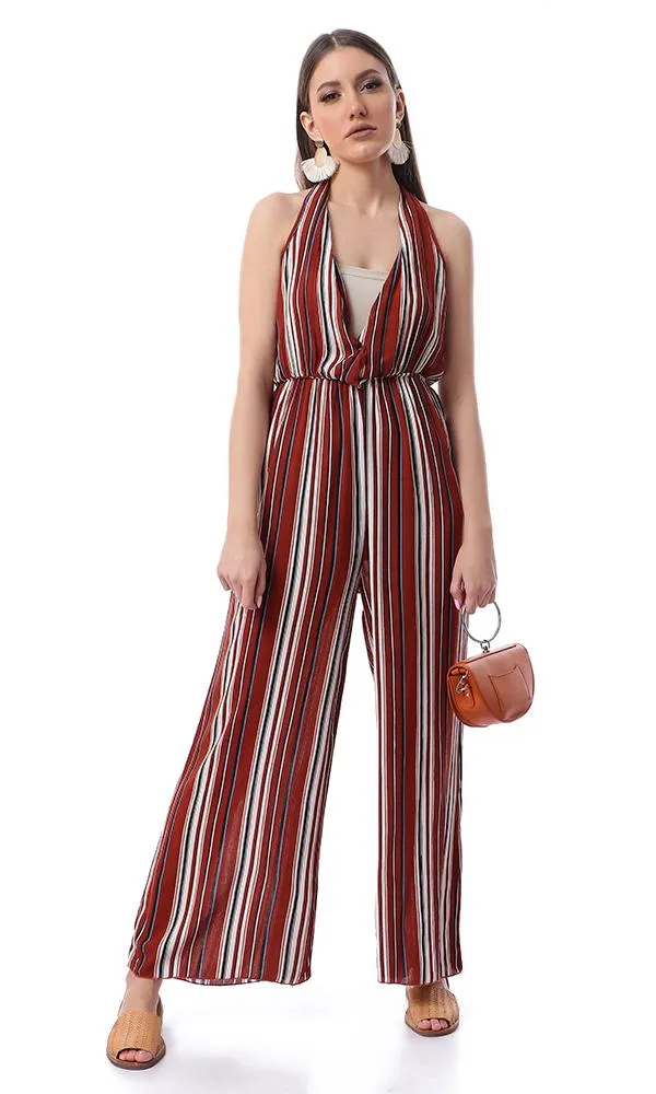 53445 Striped Fluffy Slip On Burnt Orange Jumpsuit