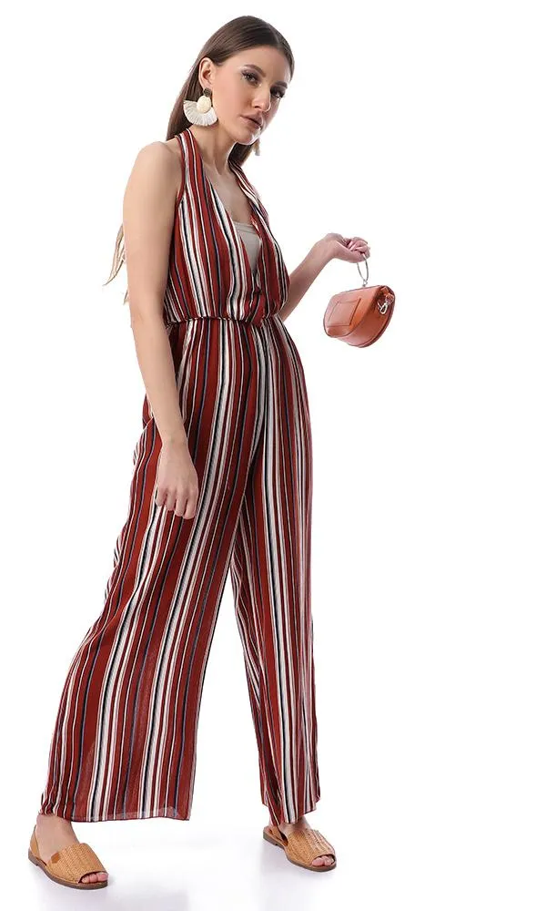 53445 Striped Fluffy Slip On Burnt Orange Jumpsuit