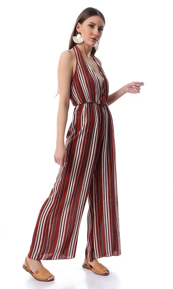 53445 Striped Fluffy Slip On Burnt Orange Jumpsuit