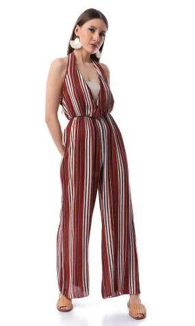 53445 Striped Fluffy Slip On Burnt Orange Jumpsuit