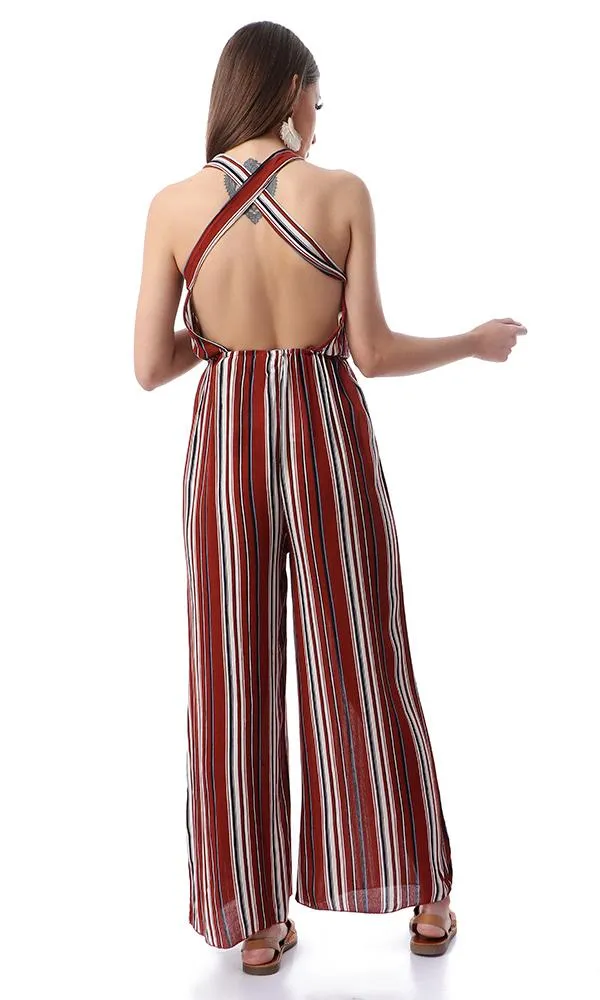 53445 Striped Fluffy Slip On Burnt Orange Jumpsuit