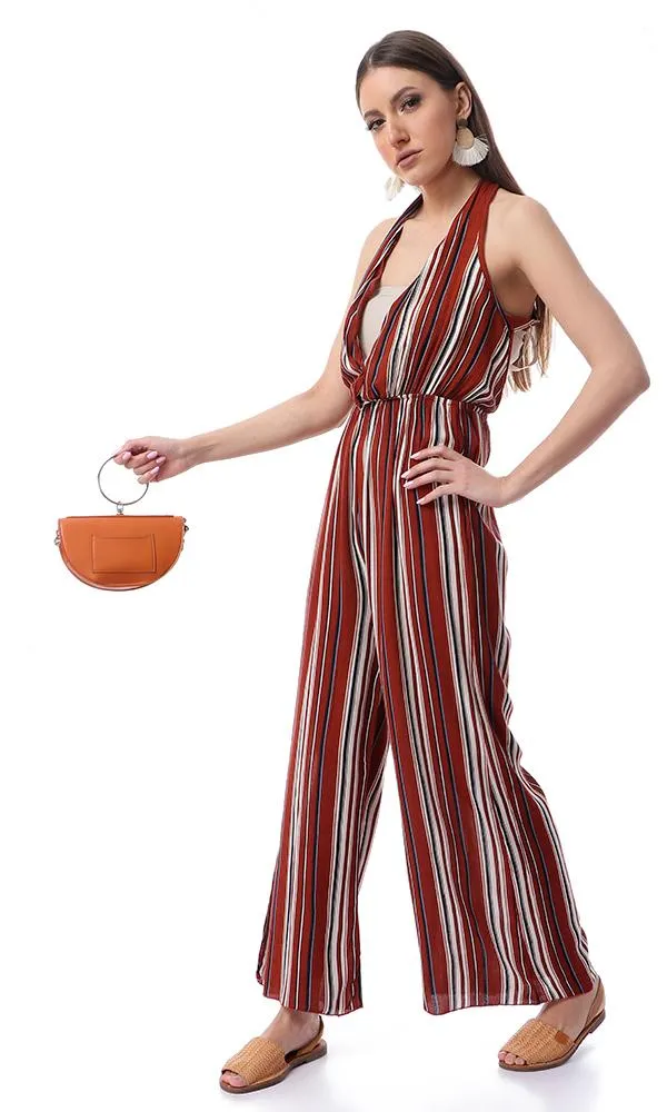 53445 Striped Fluffy Slip On Burnt Orange Jumpsuit