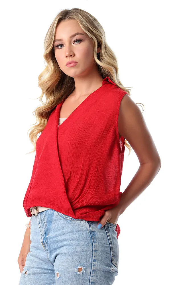 54405 Solid Turn Down Collar Dark Red Top