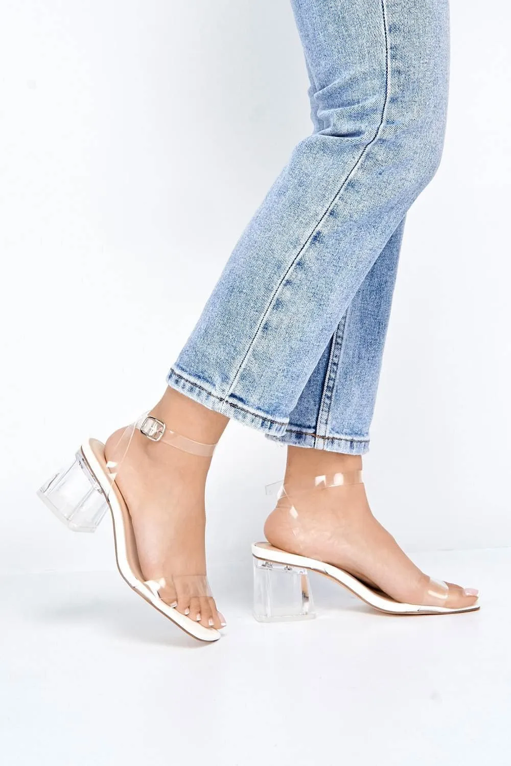 Alessa Perspex Strap Block Heel Sandal in White