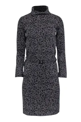 A.P.C. - Black Printed Turtleneck A-line Mini Dress w/ Fabric Belt Sz S