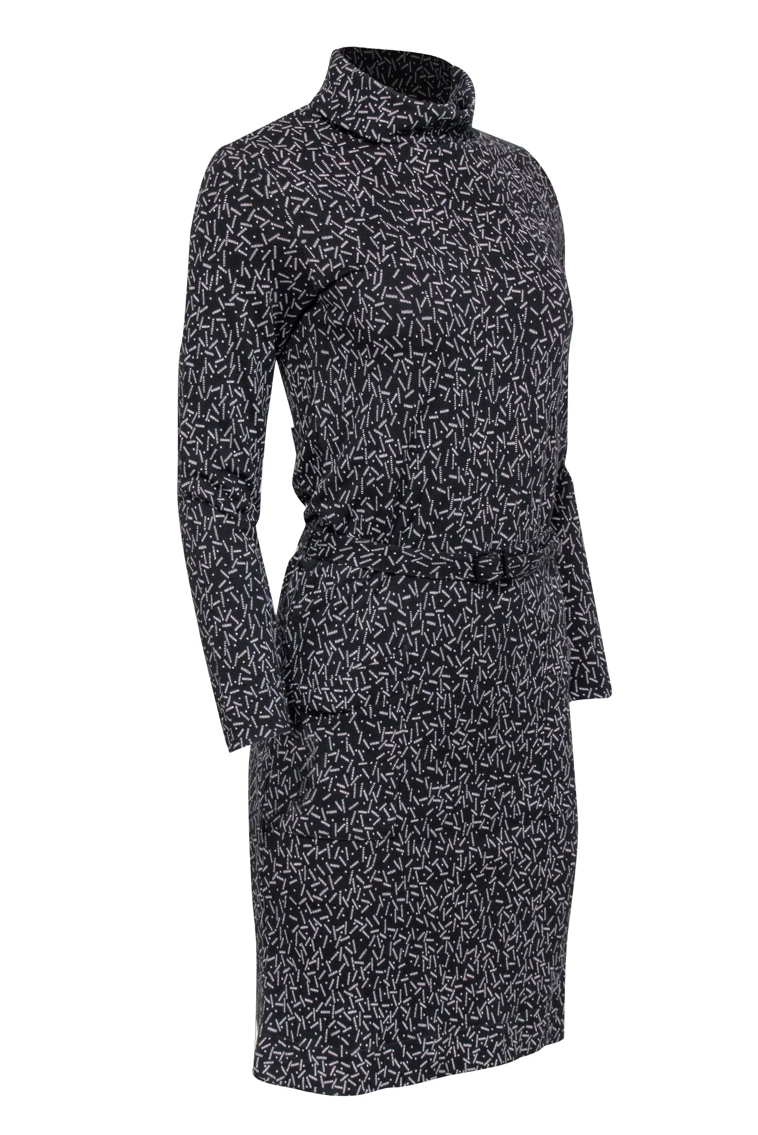 A.P.C. - Black Printed Turtleneck A-line Mini Dress w/ Fabric Belt Sz S