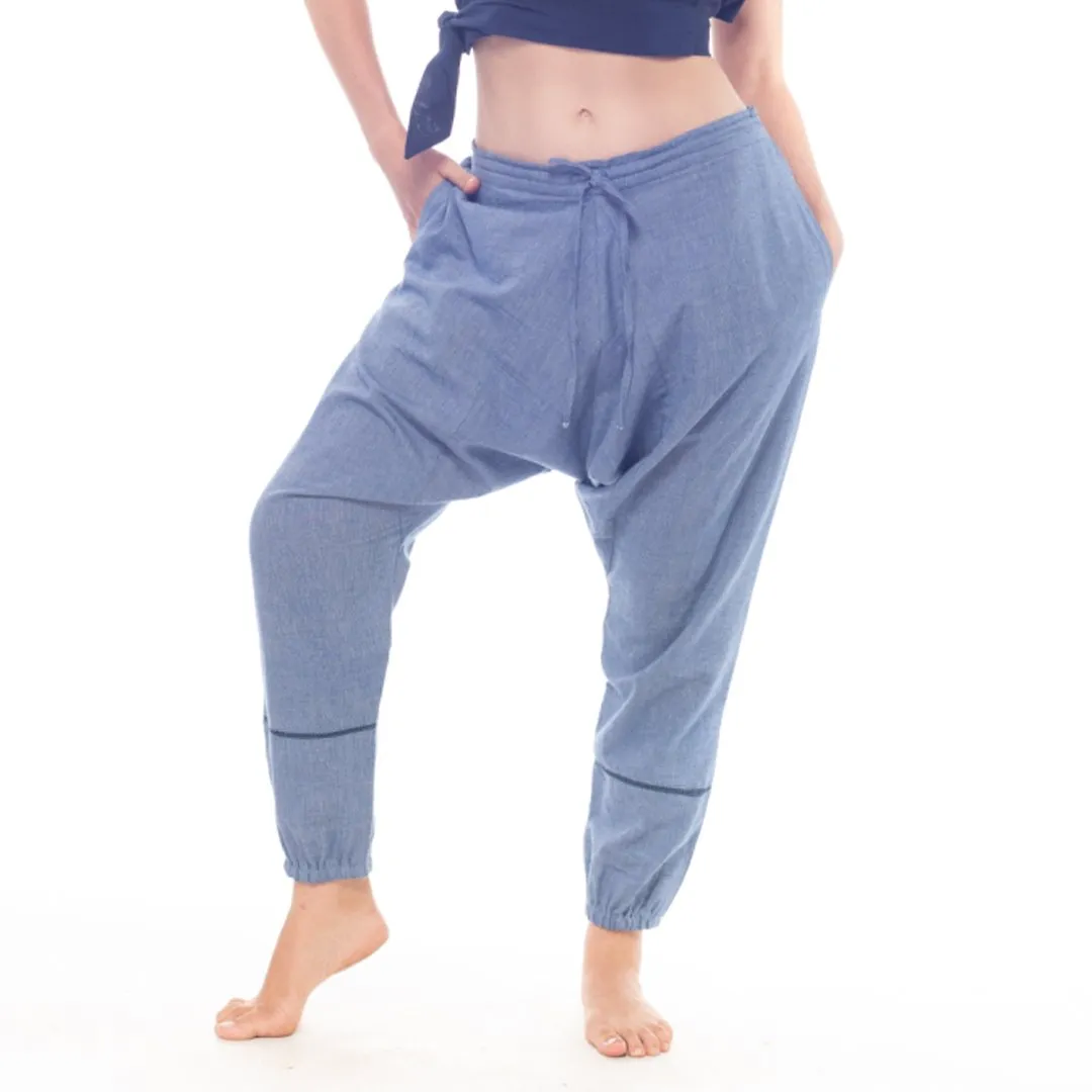 Azure-Blue Handwoven Cotton Yoga Pants | Athleisure Pegged Pants