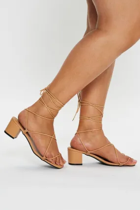 Beige Tie Up Mid Block Heels