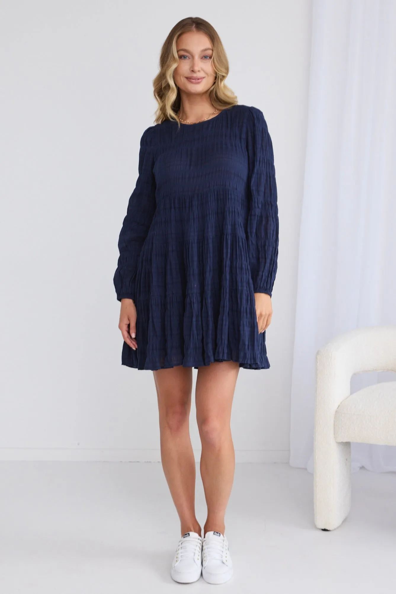 Bella Navy Shirred Cotton LS Tiered Mini Dress