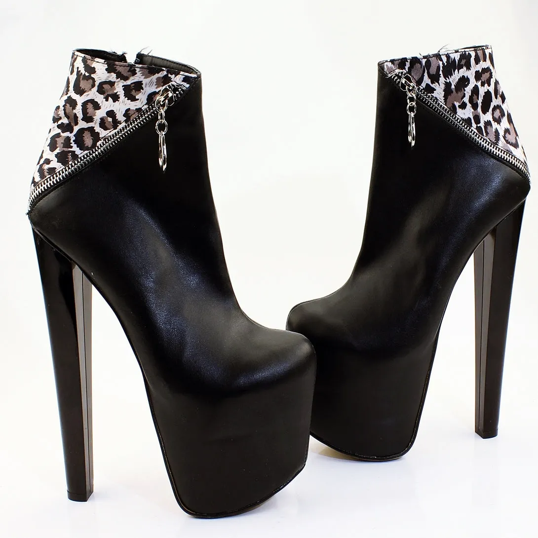 Black Leopard Zipper Detail Platform Boots