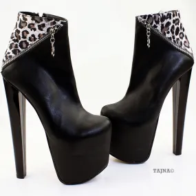 Black Leopard Zipper Detail Platform Boots