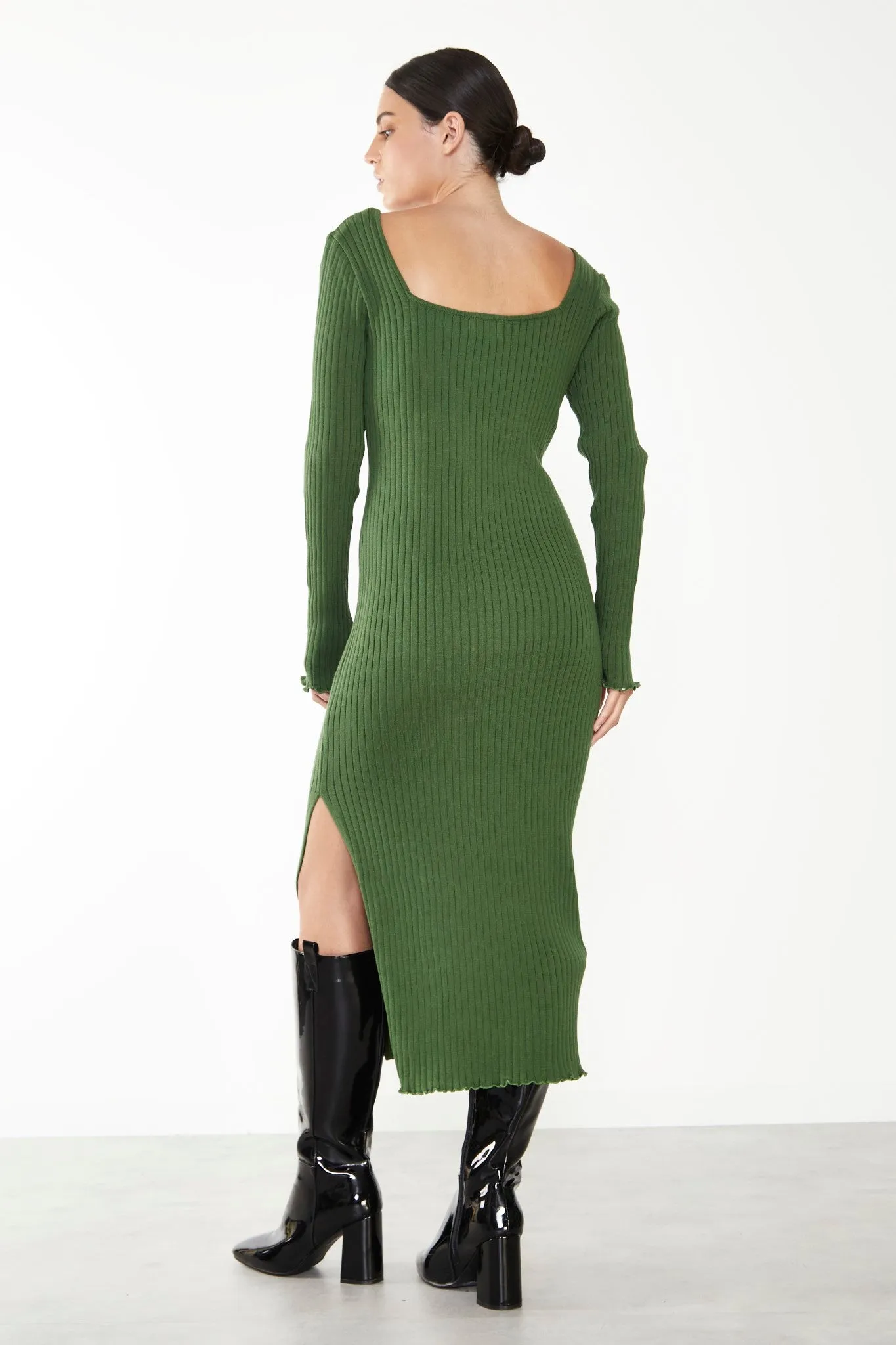 Glamorous Care Green Ribbed Long Sleeve Midi Dress