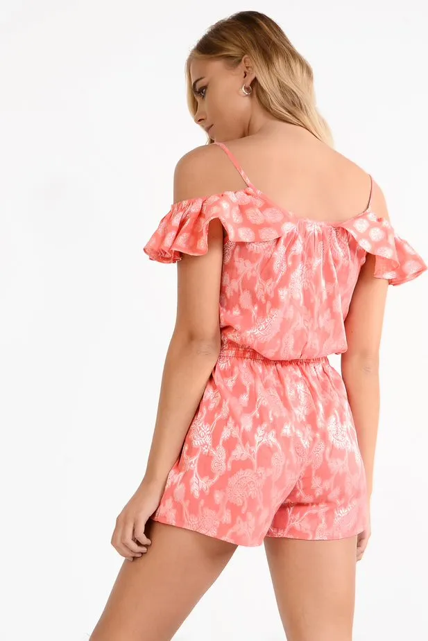 Glamorous Coral Damask Print Off The Shoulder Playsuit