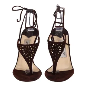 Jimmy Choo Laser-Cut T-Strap Suede Sandals. Size 36