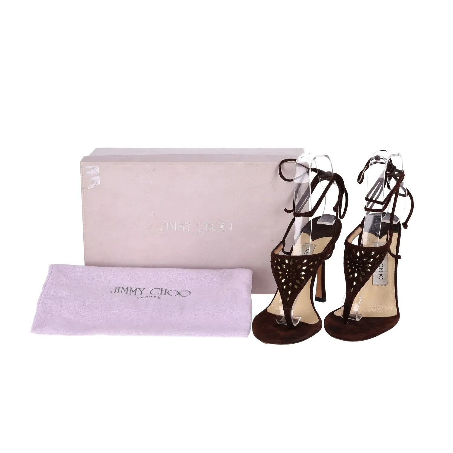 Jimmy Choo Laser-Cut T-Strap Suede Sandals. Size 36