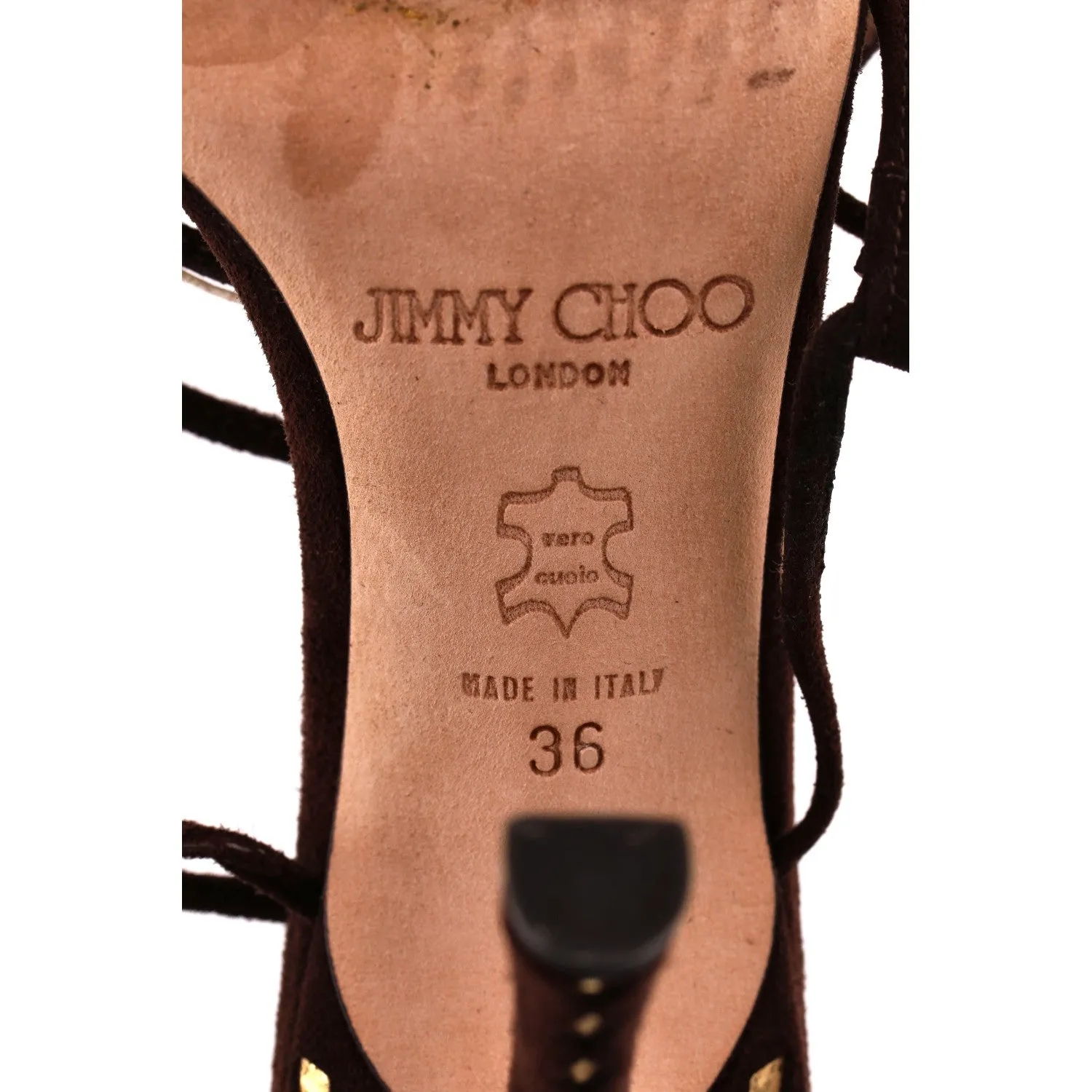 Jimmy Choo Laser-Cut T-Strap Suede Sandals. Size 36