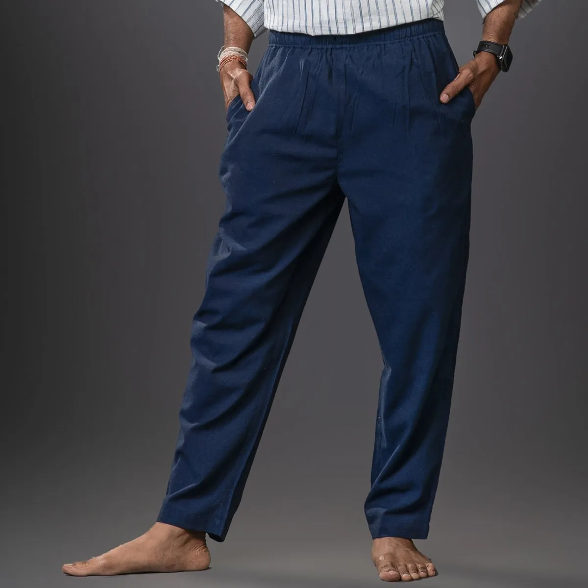 Navy-Blue Handwoven Cotton Yoga Pant | Athleisure Pull-On Pant for Men