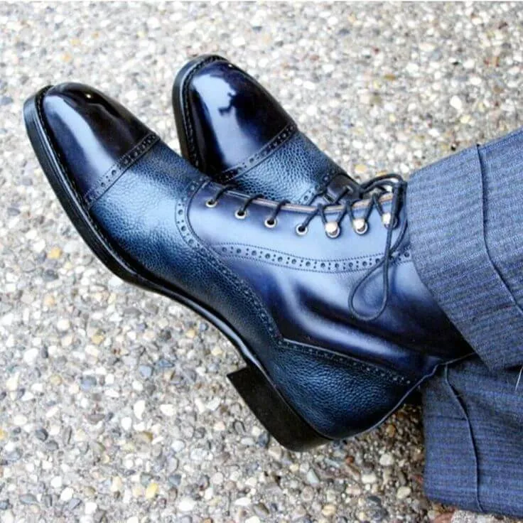 Stylish Men's Handmade Blue Ankle High Rounded Cap Toe Leather Lace up Boots
